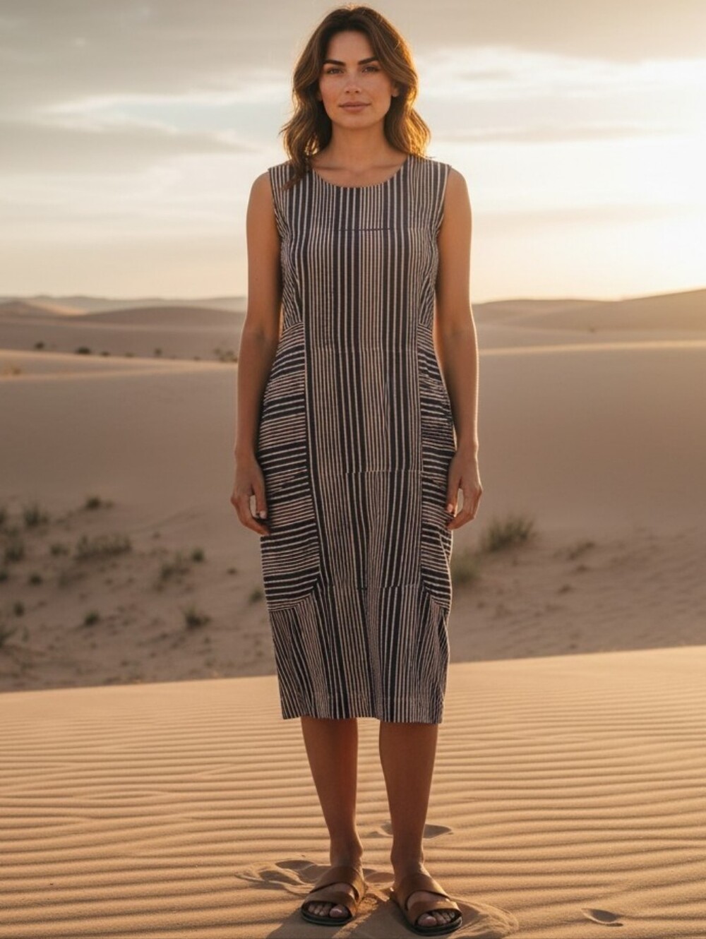 Mata Traders Starling Sleeveless Blue Taupe Batik Stripe Pocket Midi Dress Small